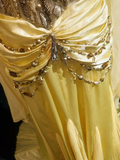 Robes de bal vintage trapèze, dos nu, jaunes années 70 avec perles, en mousseline, longue robe de soirée formelle N2526