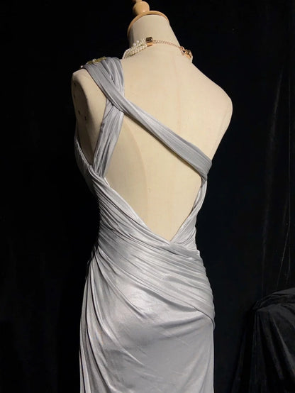 Belles Robes de Bal Coupe Empire Asymétrique Gris Argenté Longues Tenues de Soirée Formelles N3663