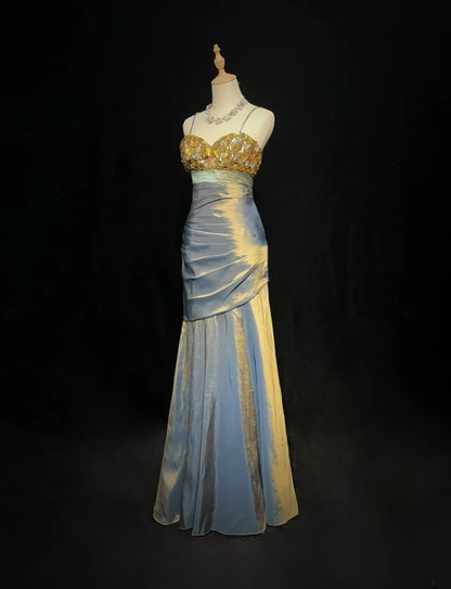 Neue Ballkleider Meerjungfrau Spaghettiträger Bodenlang Taft Festliches Abendkleid N3697