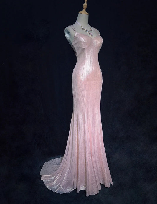 Vintage Ballkleider Meerjungfrau Spaghettiträger Rosa Satin 80er Jahre Lange formelle Abendkleider N3879