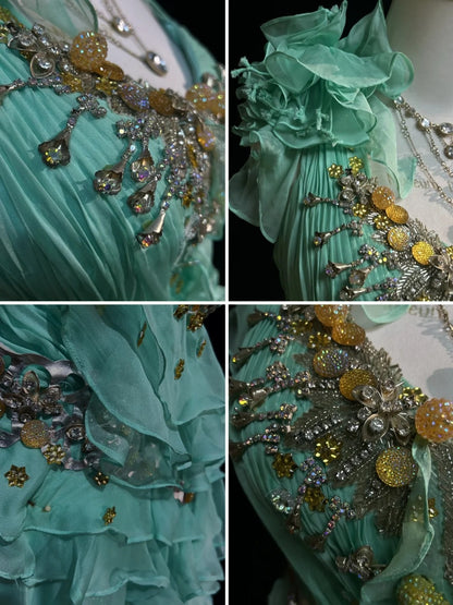 Vintage Prom Dresses A-Linie One-Shoulder Mintgrün 70er Jahre mit Rüschen Chiffon Langes Formelles Partykleid N2525