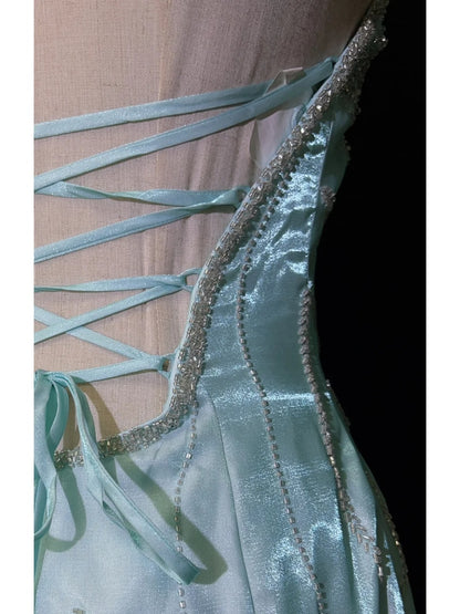 Robes de bal vintage des années 80 sirène dos nu bleu sans manches avec cape perles tenues de soirée semi-formelles N3616