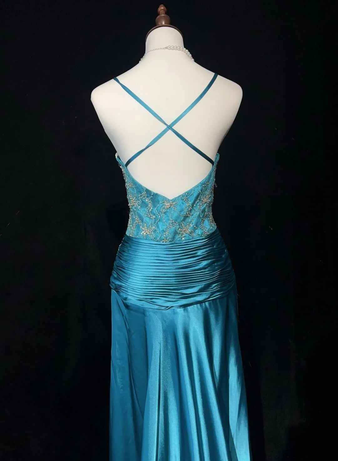 Vintage-Abschlussballkleider-Inspo Meerjungfrau Spaghettiträger Blau Satin 80er Jahre Mit Perlen Abendkleider N3353
