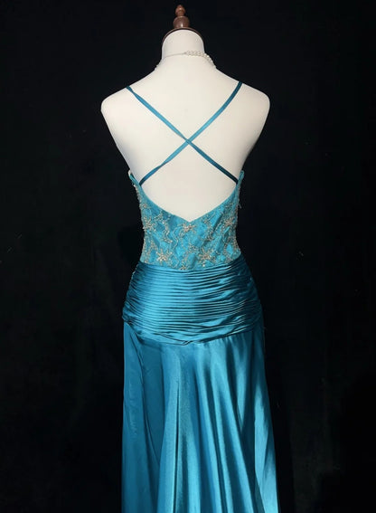 Vintage-Abschlussballkleider-Inspo Meerjungfrau Spaghettiträger Blau Satin 80er Jahre Mit Perlen Abendkleider N3353
