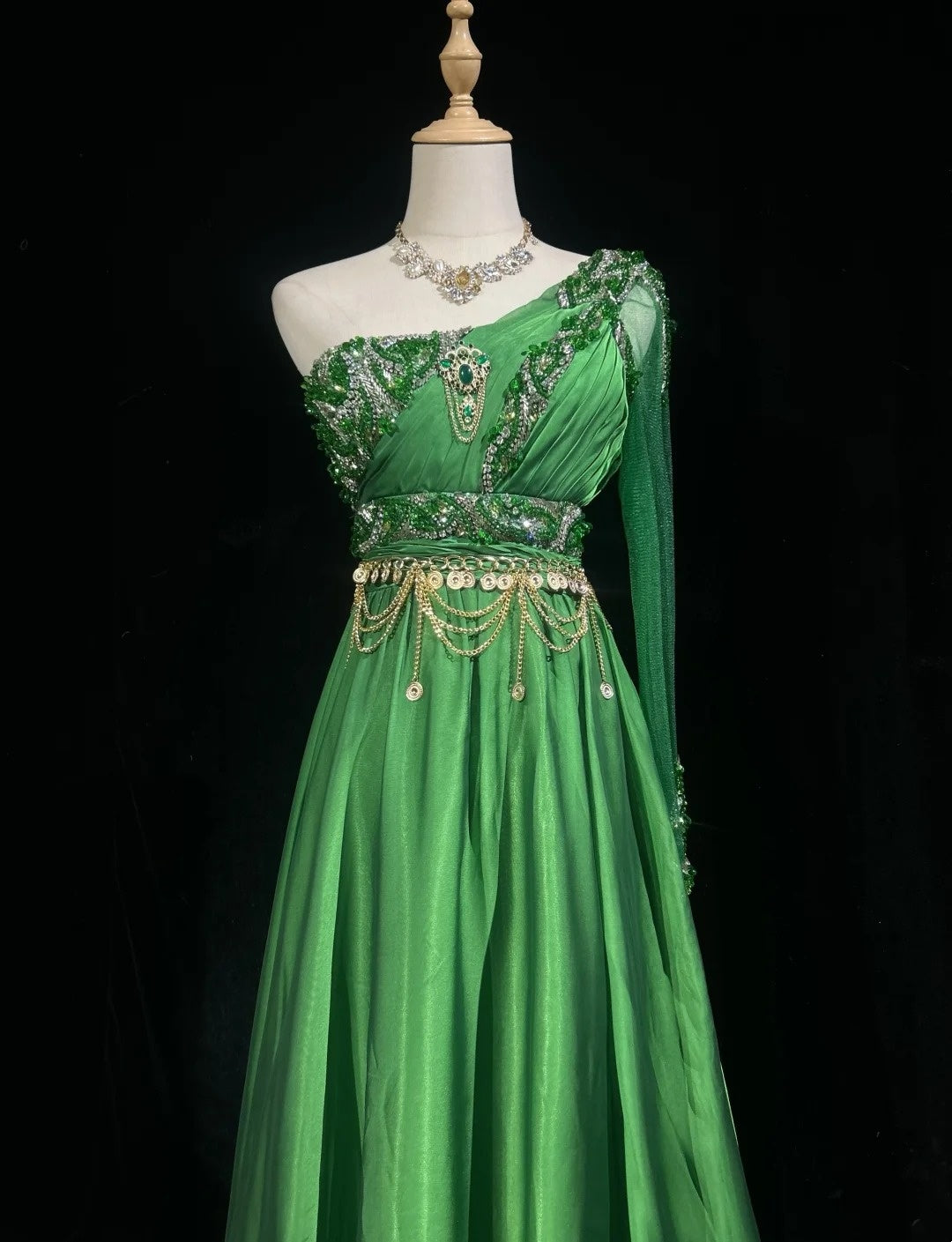 Sexy A Line One Shoulder Green Chiffon With Beads Gem Crystals Formal Dress Long Prom Dresses N2697