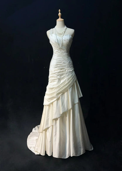 Vintage Abschlussballkleider Meerjungfrau One Shoulder One Shoulder Satin mit Perlen 1980er Jahre Langes Abendkleid N2623