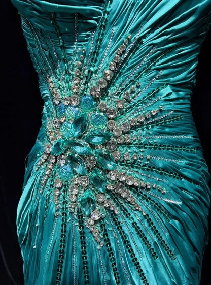 Robes de bal modestes d'inspiration sirène col en V bleu avec perles à volants pour femme robe de soirée N3234