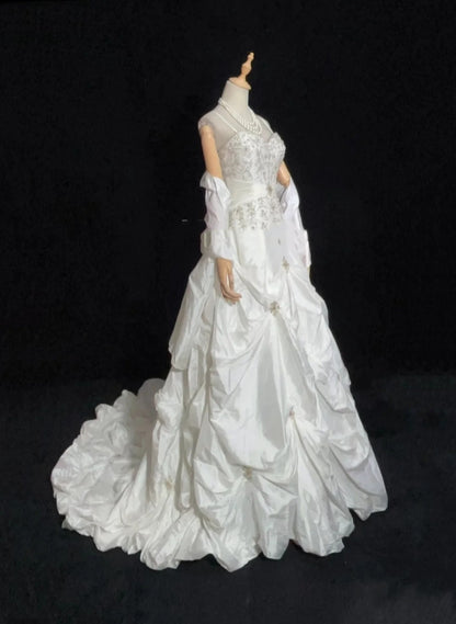 Vintage Ballkleid Spaghettiträger Weißer Taft mit Umhang Perlenstickerei Rüschen Hochzeitskleid Lange Brautkleider RB4331