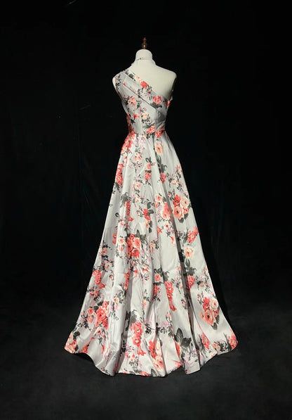 Vintage Prom Dresses A line One Shoulder Satin Floral 1980s Long Formal Evening Gown N2626