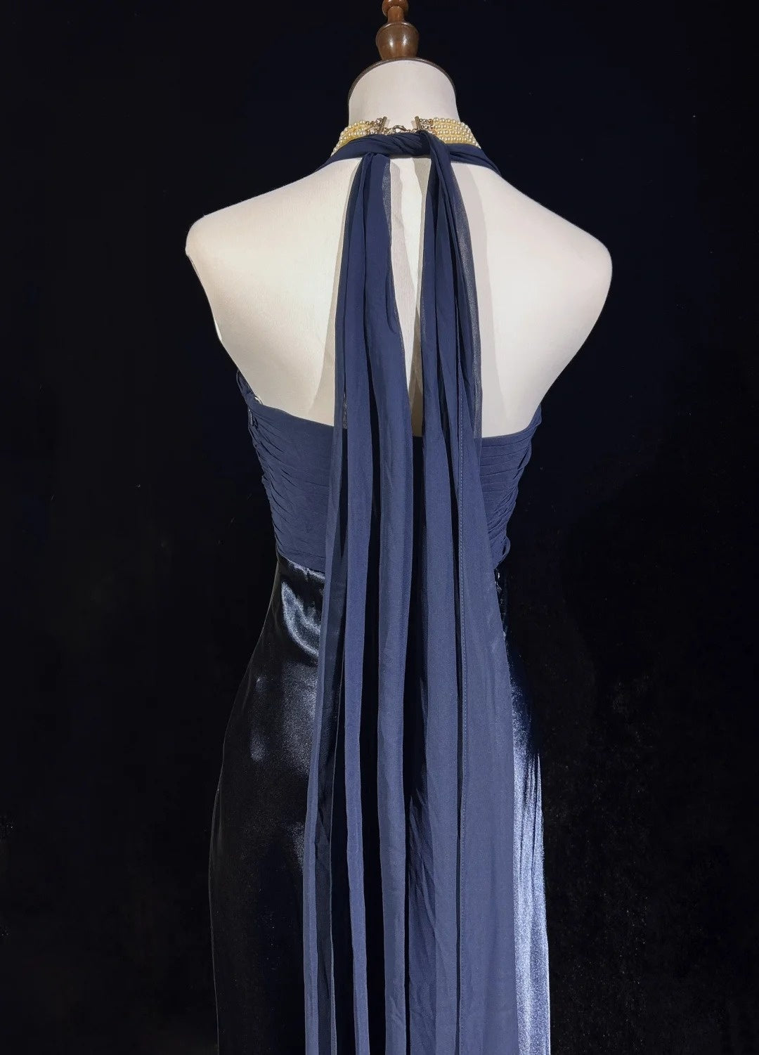 Vintage Abschlussballkleider Meerjungfrau Neckholder Marineblau Chiffon Satin 1990er Festliches Abendkleid N2655