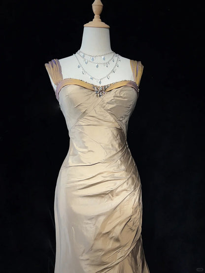 Robes de bal vintage Champagne Sirène Bustier Cœur Taffetas Robes de soirée longues N3859
