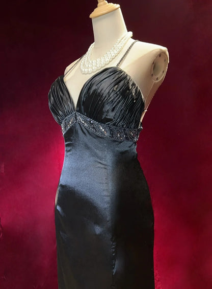 Robes de bal vintage Robe sirène à bretelles spaghetti Robe de soirée noire sans manches en taffetas Robe de soirée longue années 90 N2882