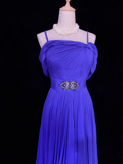 Bescheidene Abschlussballkleider A-Linie Spaghettiträger Royalblau Chiffon Ärmelloses Festliches Abendkleid N3844