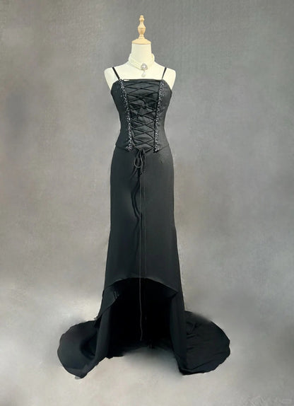 Robes de bal vintage des années 50, coupe asymétrique, fines bretelles, robe de soirée noire sans manches, tenues de cérémonie RB4339