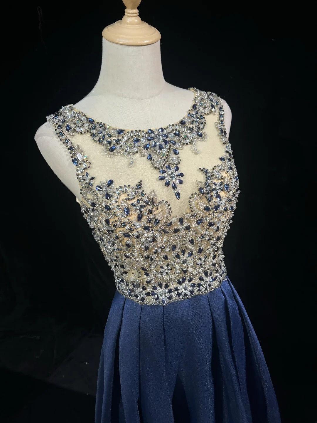 Vintage Prom Dresses A line Scoop Navy Blue Satin 80s With Beading Long Formal Evening Outfits N4220