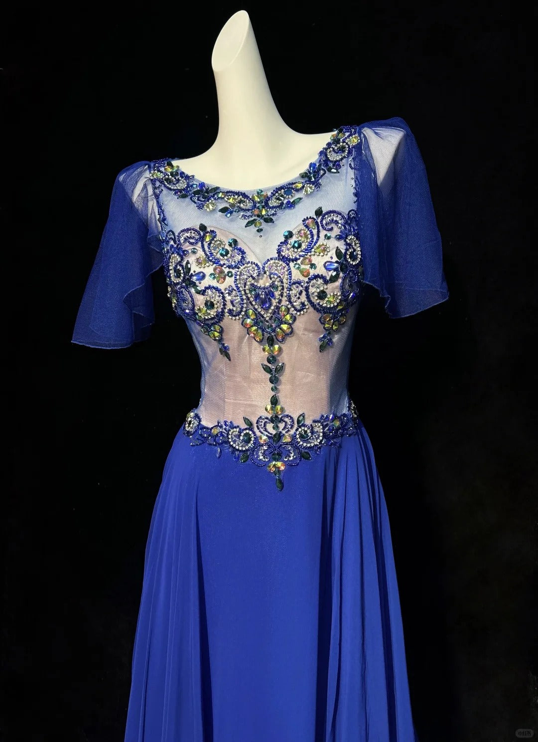 Vintage Prom Dresses 1960s A line Scoop Royal Blue Chiffon With Beaded Sleeves Evening Formal Outfits RB5138