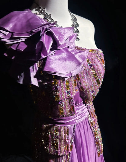 Inspiration Robes de bal vintage, ligne A, une épaule, mousseline lilas, années 1990, avec perles, robes de soirée N3324