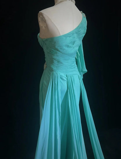 Vintage Abschlussballkleider Meerjungfrau One Shoulder Blau Chiffon 80er Lang Festliches Kleid N2758