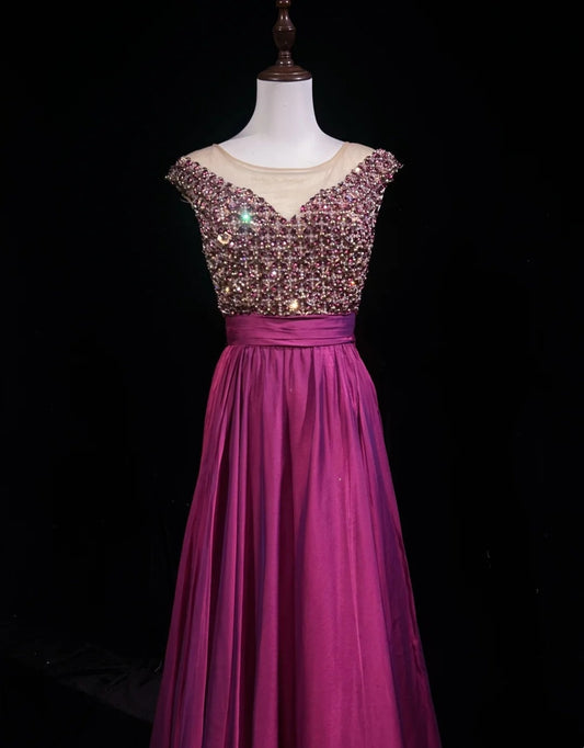 Vintage Ballkleider A-Linie Rundhals Fuchsie Chiffon Mit Perlen 80er Lange Formelle Abendgarderobe N3880