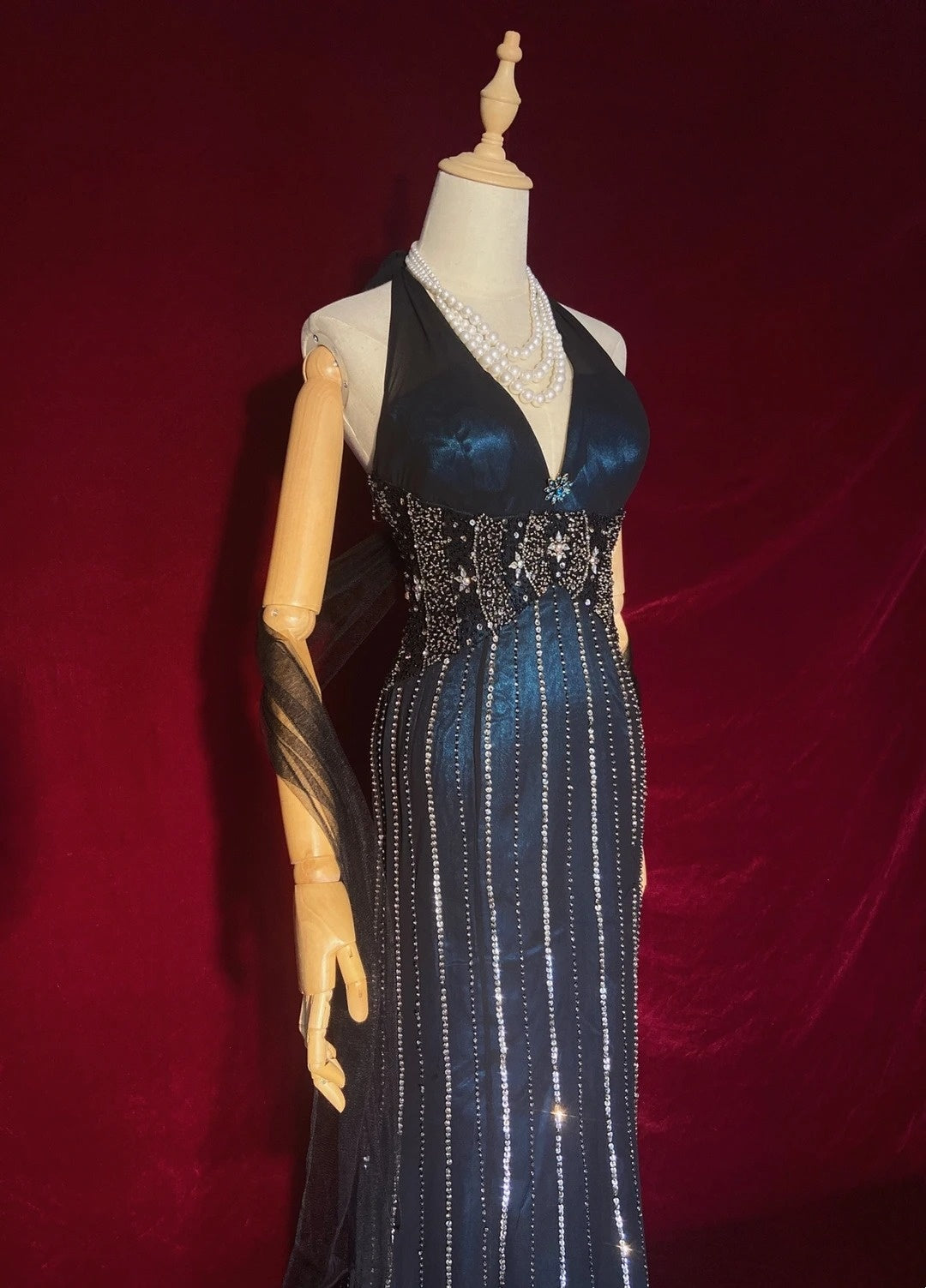 Robes de bal scintillantes, inspiration sirène, années 90, col licou, bleu marine foncé avec perles, pour femmes, robe de soirée N3273