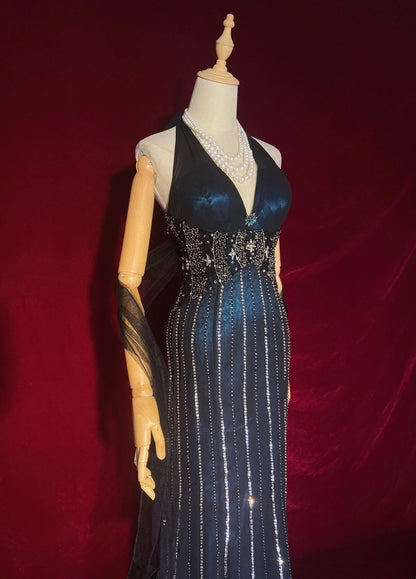 Robes de bal scintillantes, inspiration sirène, années 90, col licou, bleu marine foncé avec perles, pour femmes, robe de soirée N3273