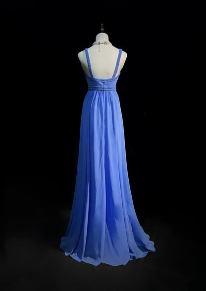 Vintage Ballkleider A-Linie Spaghettiträger Blau Chiffon mit Perlenbesatz Langes Abendkleid N2446