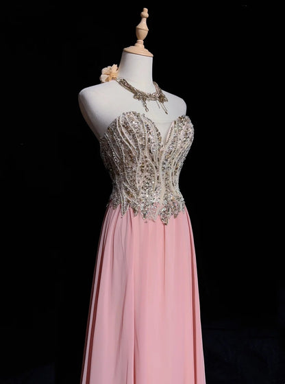 Vintage Prom Aesthetic Dresses A Line Sweetheart Blush Pink Chiffon With Beading Long Formal Dress N3032