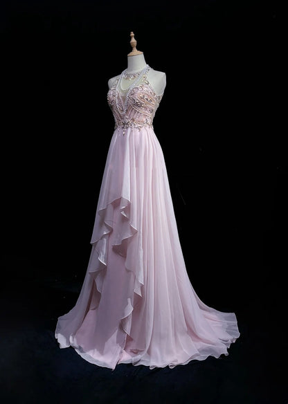 Vintage Ballkleid-Ästhetik Kleider A-Linie Schmuck Perle Rosa Chiffon Mit Perlen Lang Formales Kleid N3033