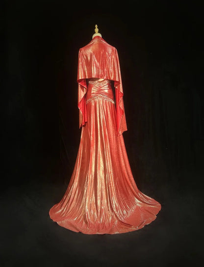 Élégante Robe de soirée longue corail à bretelles, coupe trapèze, perlée, plissée, sans manches, avec cape, Robes de bal N2448