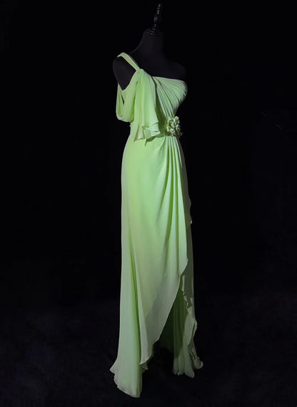 Wunderschöne Abschlussballkleider A-Linie One-Shoulder Chiffon Grün Mit Rüschen Lange Abendkleider N3383