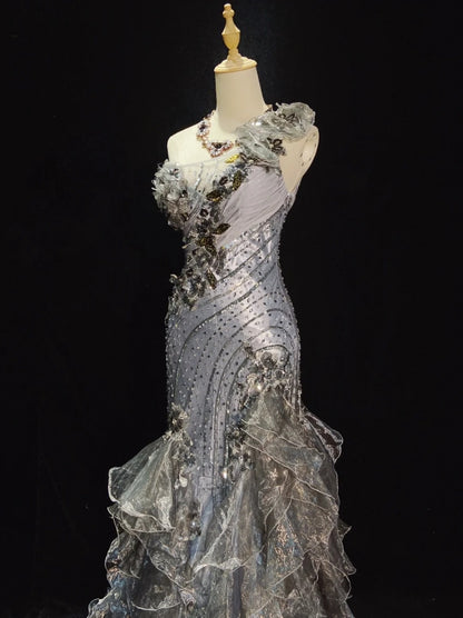 Robes de bal vintage des années 80 sirène asymétrique gris sans manches avec perles tenues de soirée semi-formelles N3613