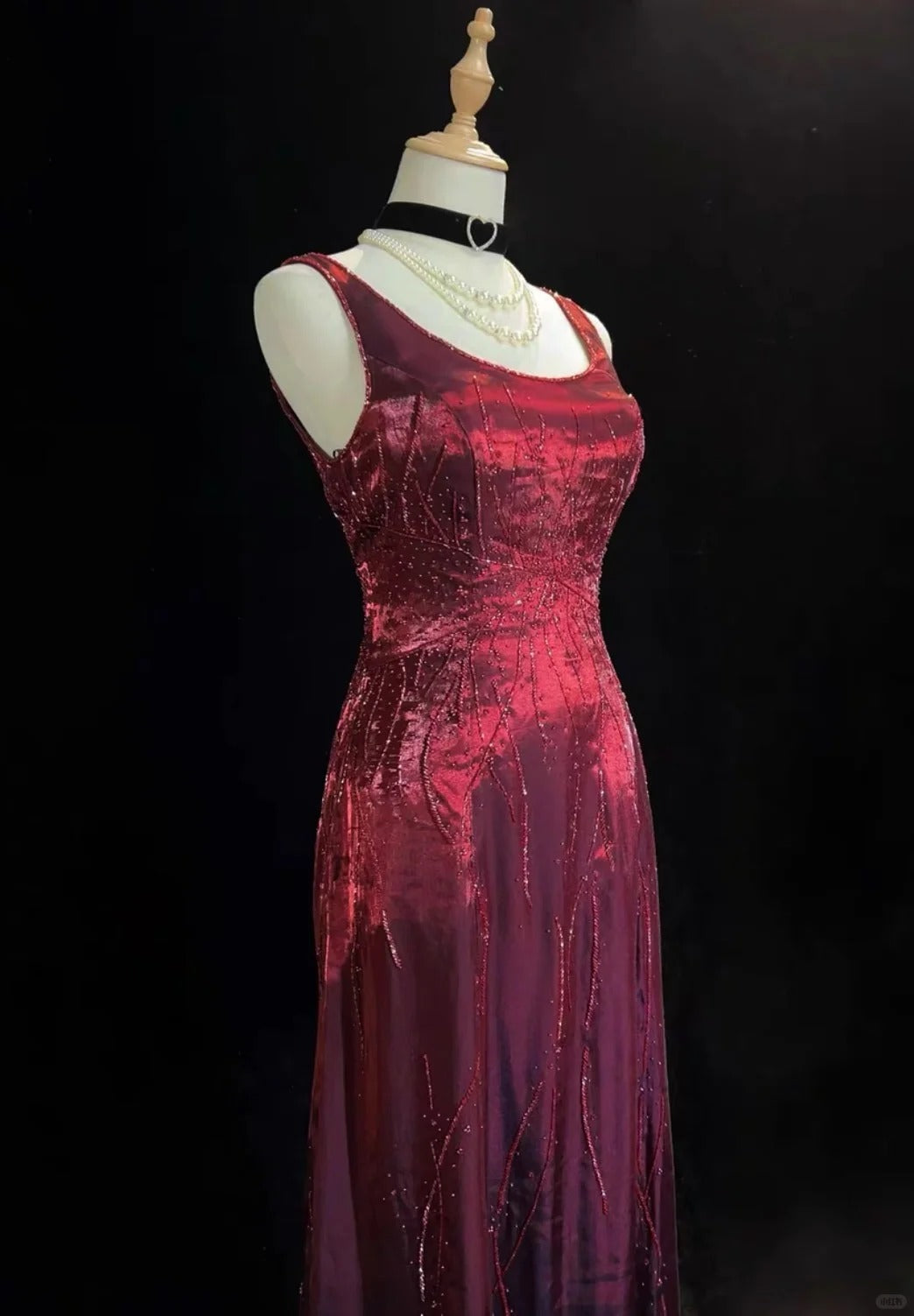 Robes de bal vintage des années 90, ligne A, col carré, taffetas bordeaux avec perles, longue robe de bal N3030