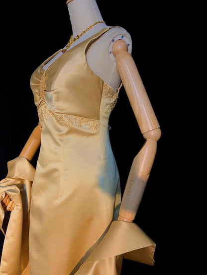 Vintage Prom Dresses Inspo A Line Gold Satin 90s With Beading Cape For Women Formal Gowns N3340