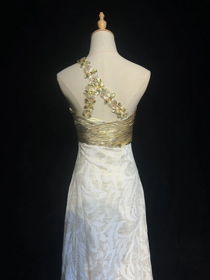 Elegante Ballkleider A-Linie One-Shoulder Gold-Oberteil Satin mit Rüschen Lang Formelles Abendkleid N2913