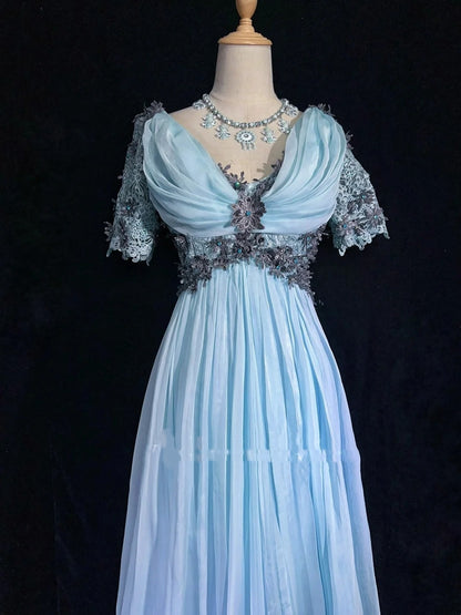 Robes de bal vintage des années 60, coupe trapèze, col en V, mousseline bleu ciel clair avec appliques, longue robe de bal N3109