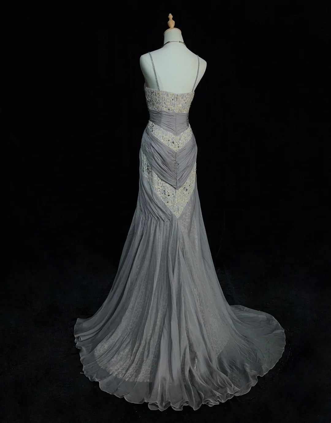 Inspiration Robes de bal vintage Sirène Bretelles fines Dentelle grise Années 90 Robes de soirée formelles pailletées en dentelle N3348
