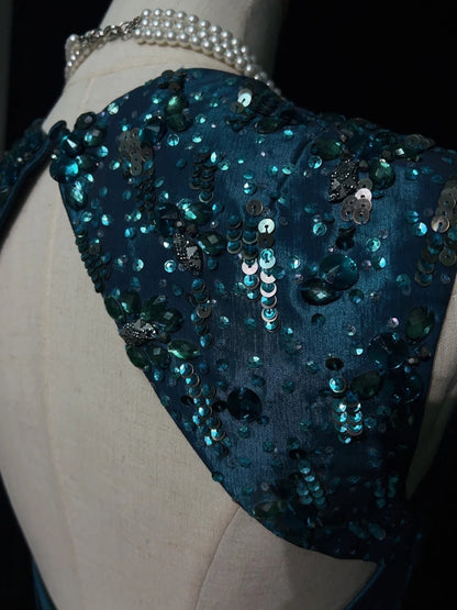 Belles robes de bal sirène col carré sarcelle dos nu avec bustier volanté longues tenues de soirée N3363