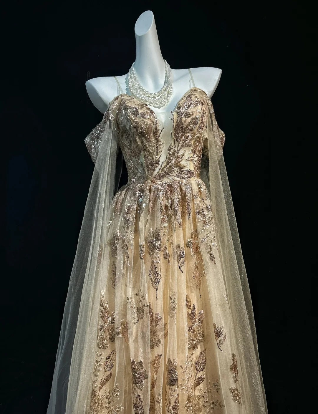 Vintage Prom Dresses A line Spaghetti Strap Gold Lace With Cape 80s Evening Formal Dress RB3267