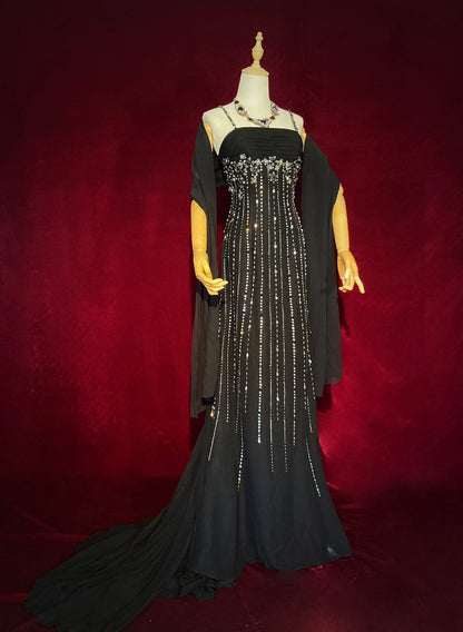 Vintage Abschlussballkleider 90er Meerjungfrau Spaghetti-Träger Schwarz Tie Mit Silberperlen Lang Semi-Formal Abendkleid N3666