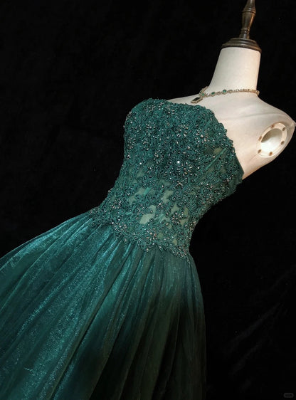 Robes de bal de promo modestes sans bretelles vert foncé avec dentelle appliquée, longues robes de soirée N3451