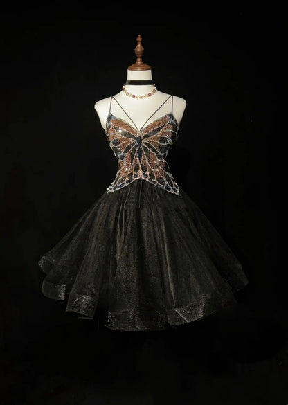 Pretty Ball Gown Spaghetti Strap Little Black Tulle Short Mini Homecoming Dresses Hoco Gowns N2628