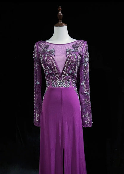 Vintage Abschlussballkleider A-Linie Lila Chiffon 90er Jahre mit Perlen Lang Festliches Partykleid N2514