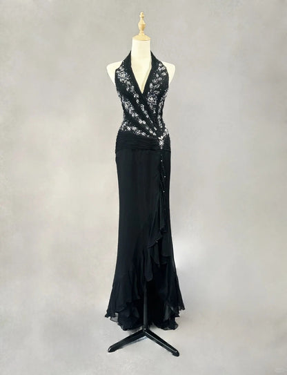 Robes de bal modestes sirène licou en mousseline avec perles pour soirée formelle N3858