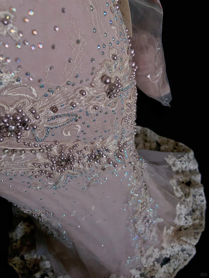 Robes de bal vintage des années 80 sirène col en V rose dentelle applique longues tenues de soirée formelles N3481