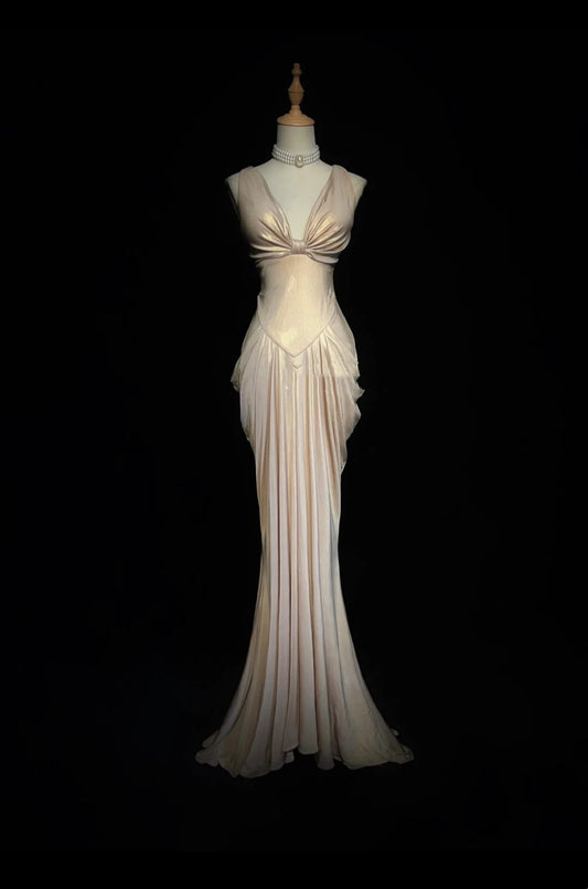 Elegantes Scheidenkleid mit V-Ausschnitt, champagnerfarbenem Chiffon mit plissiertem Oberteil, langes Ballkleid N2737