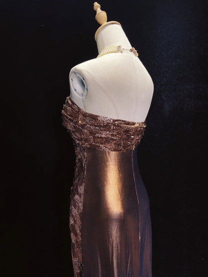 Vintage Abschlussballkleider Inspo A-Linie Sweetheart Braun Satin Lang 1990er Mit Pailletten Formelle Kleider N3345