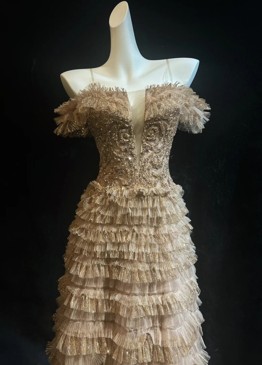 Vintage-Abschlussballkleider A-Linie Spaghettiträger Goldspitze mit Ärmeln 80er-Jahre-Abend-Formales Kleid RB3268