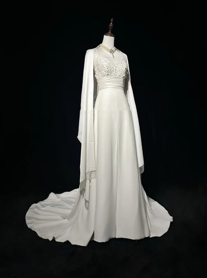 Vintage A Line Spaghetti Straps White Satin Lace With Cape Wedding Ruffled Bridal Gown Long Wedding Dresses RB4330