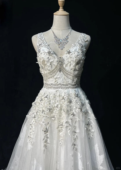 Robes de bal modestes trapèze col en V tulle blanc dentelle sans manches longues tenues de soirée formelles N3618