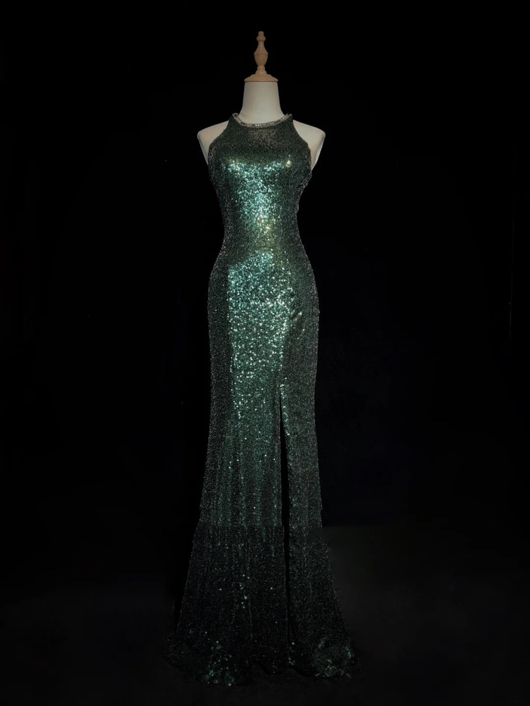 Robes de bal scintillantes Inspo Sirène Années 90 Col Bijou Vert Foncé Avec Fente Pour Femme Robe Formelle N3271